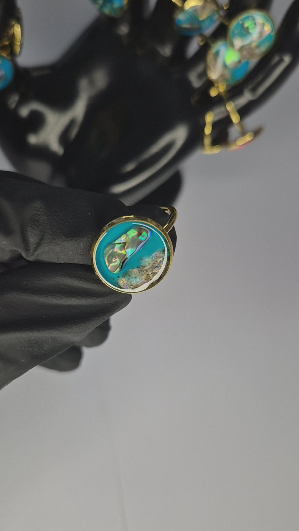 Adjustable Handmade Resin Ring – Ocean Blue with Shells and Sand