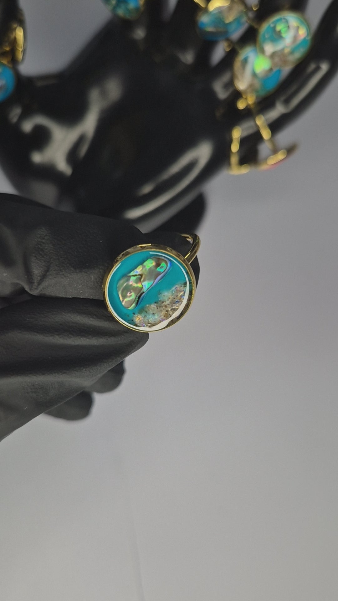 Adjustable Handmade Resin Ring – Ocean Blue with Shells and Sand