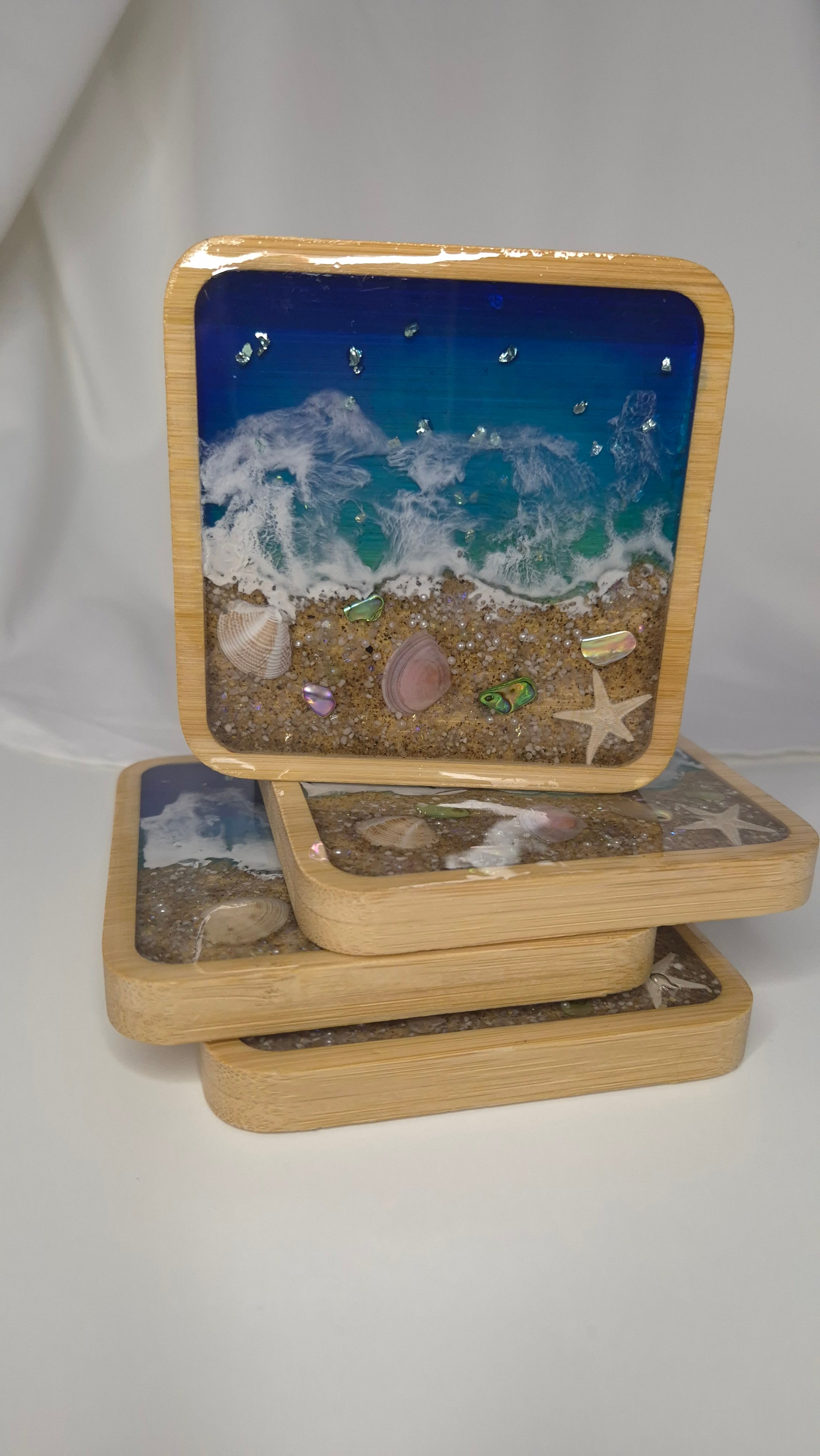 Handmade Ocean-Inspired Resin Coasters – Bamboo Base, Sand & Shells (Set of 4)
