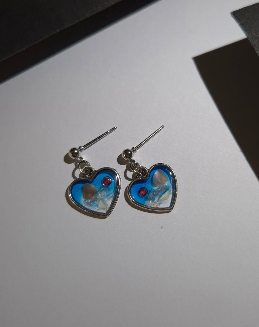 Ocean Heart Resin Drop Earrings – Abalone Pearl – Silver & Gold