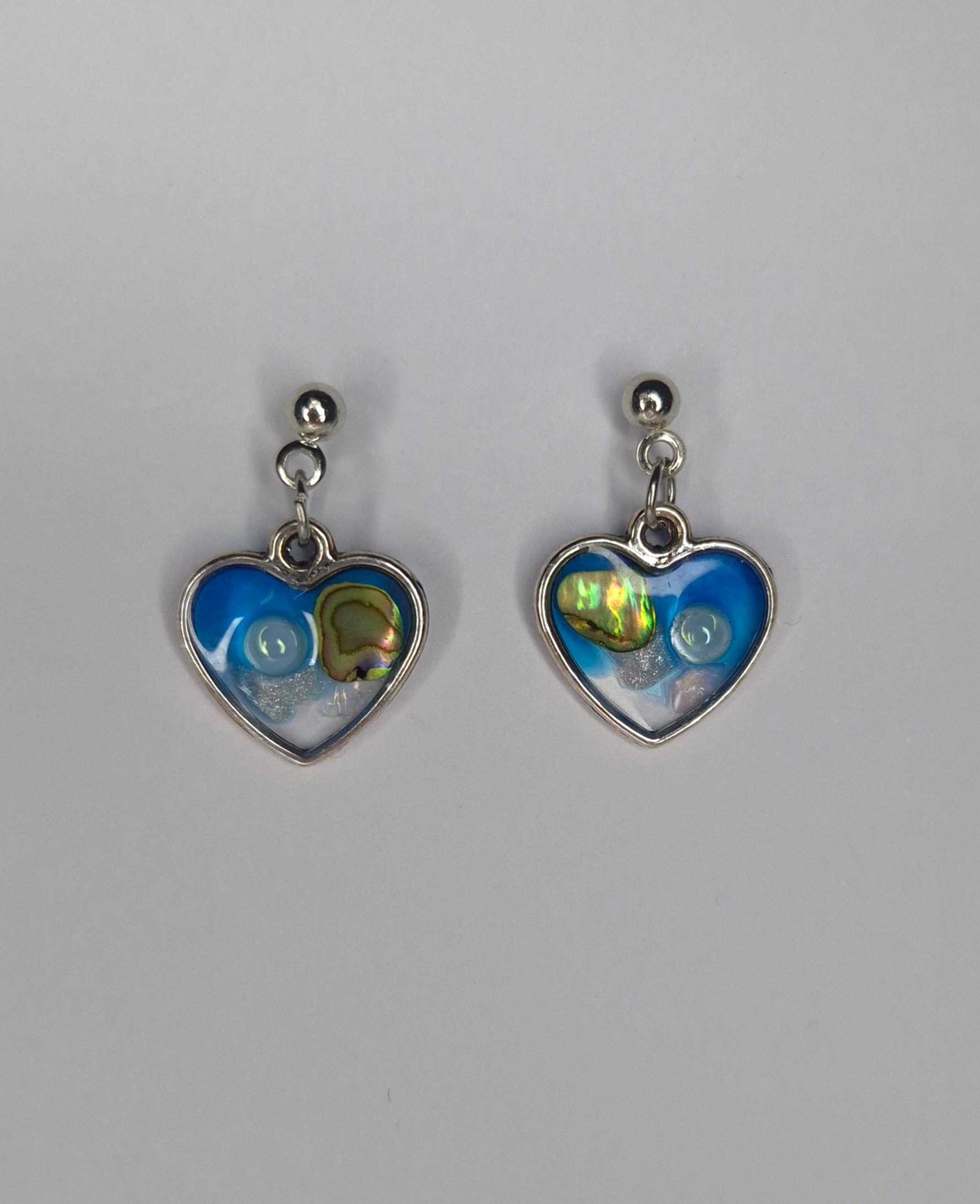 Ocean Heart Resin Drop Earrings – Abalone Pearl – Silver & Gold