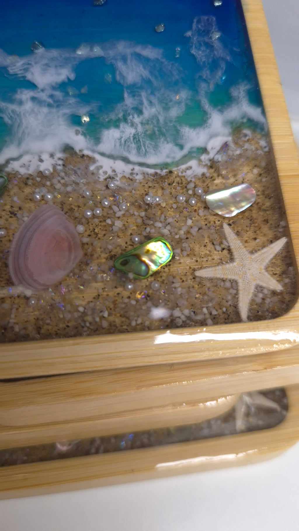 Handmade Ocean-Inspired Resin Coasters – Bamboo Base, Sand & Shells (Set of 4)