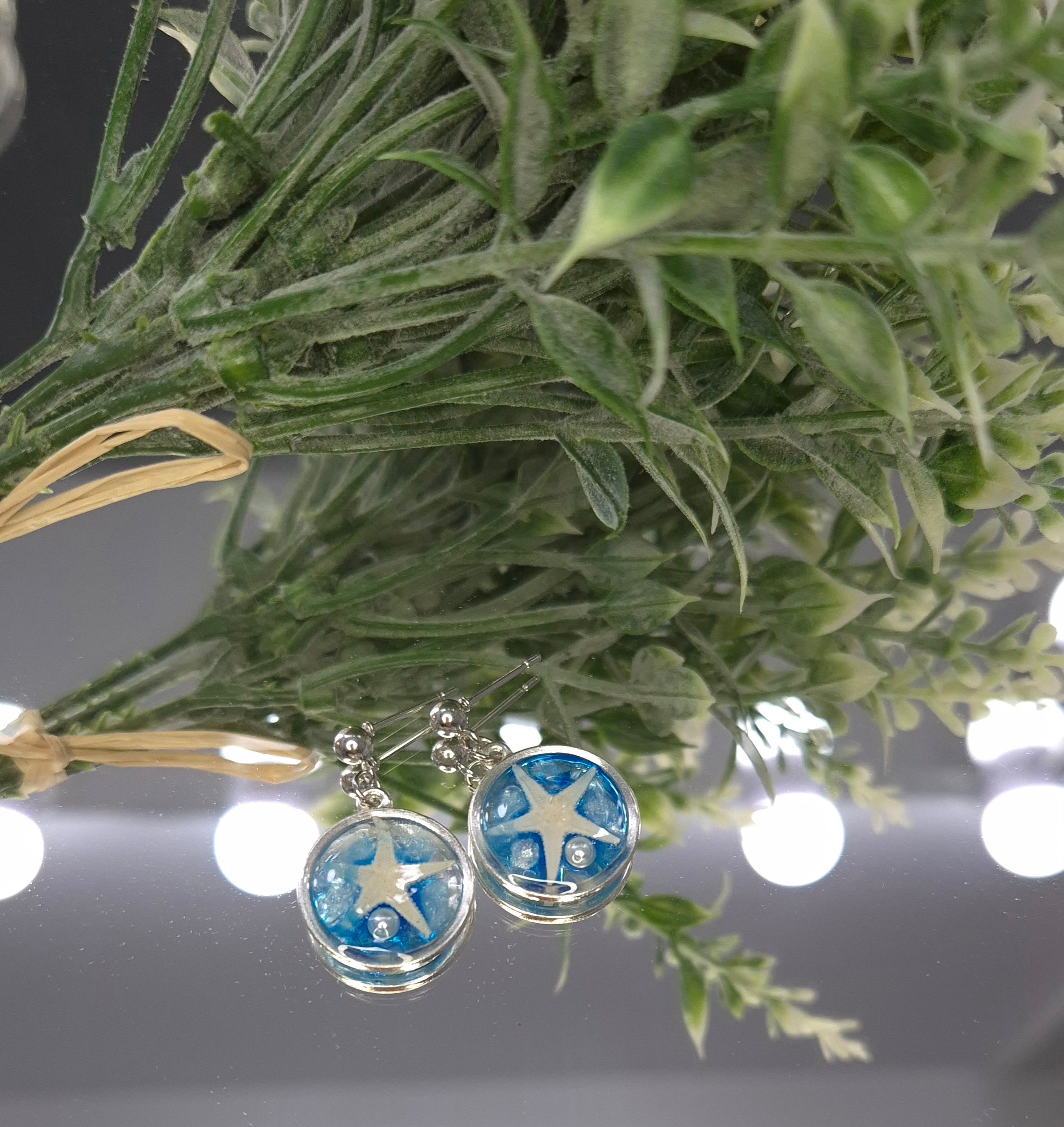 🌊 Ocean Starfish Resin Hoop Earrings – Stainless Steel Silver