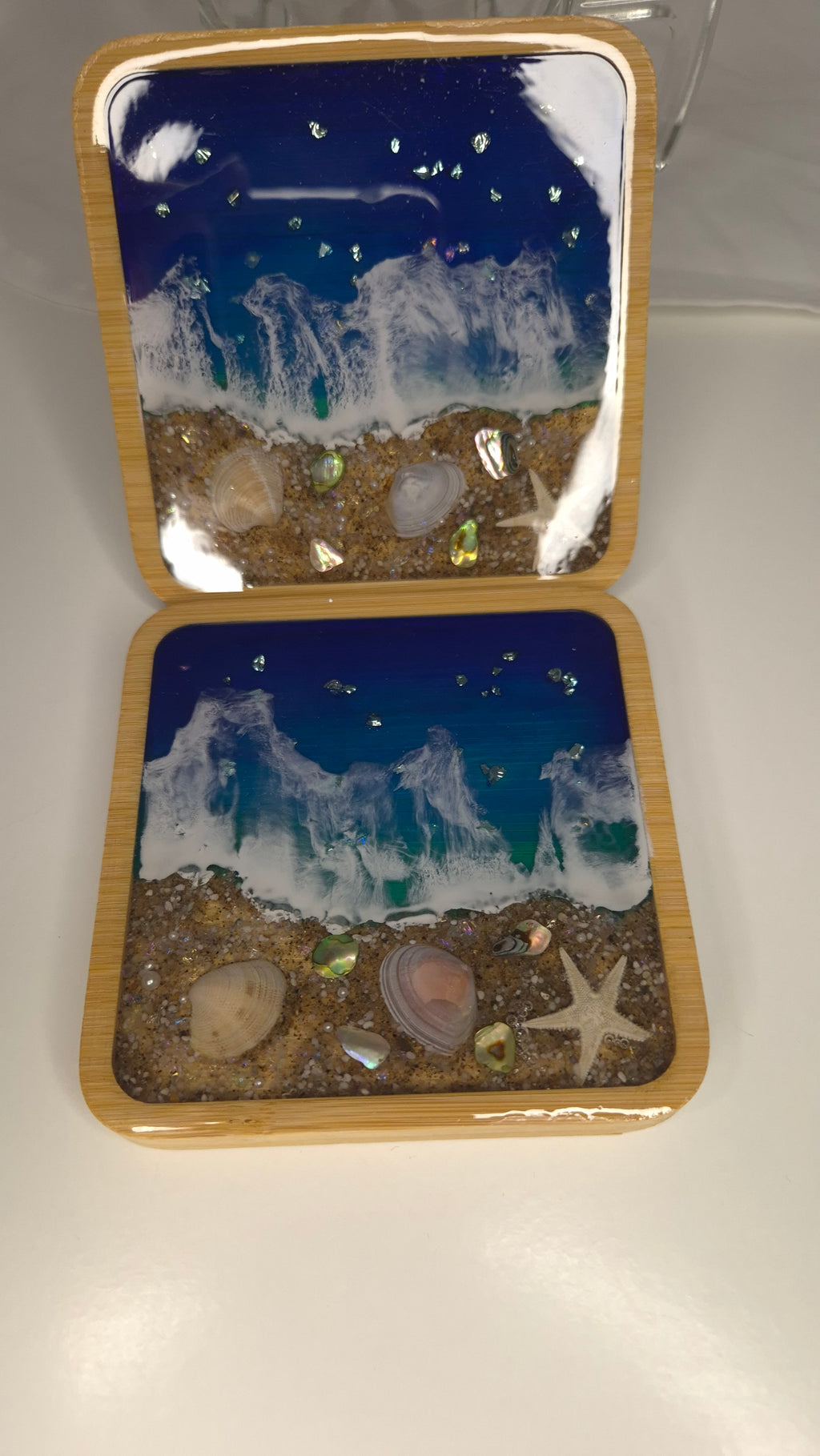 Handmade Ocean-Inspired Resin Coasters – Bamboo Base, Sand & Shells (Set of 4)