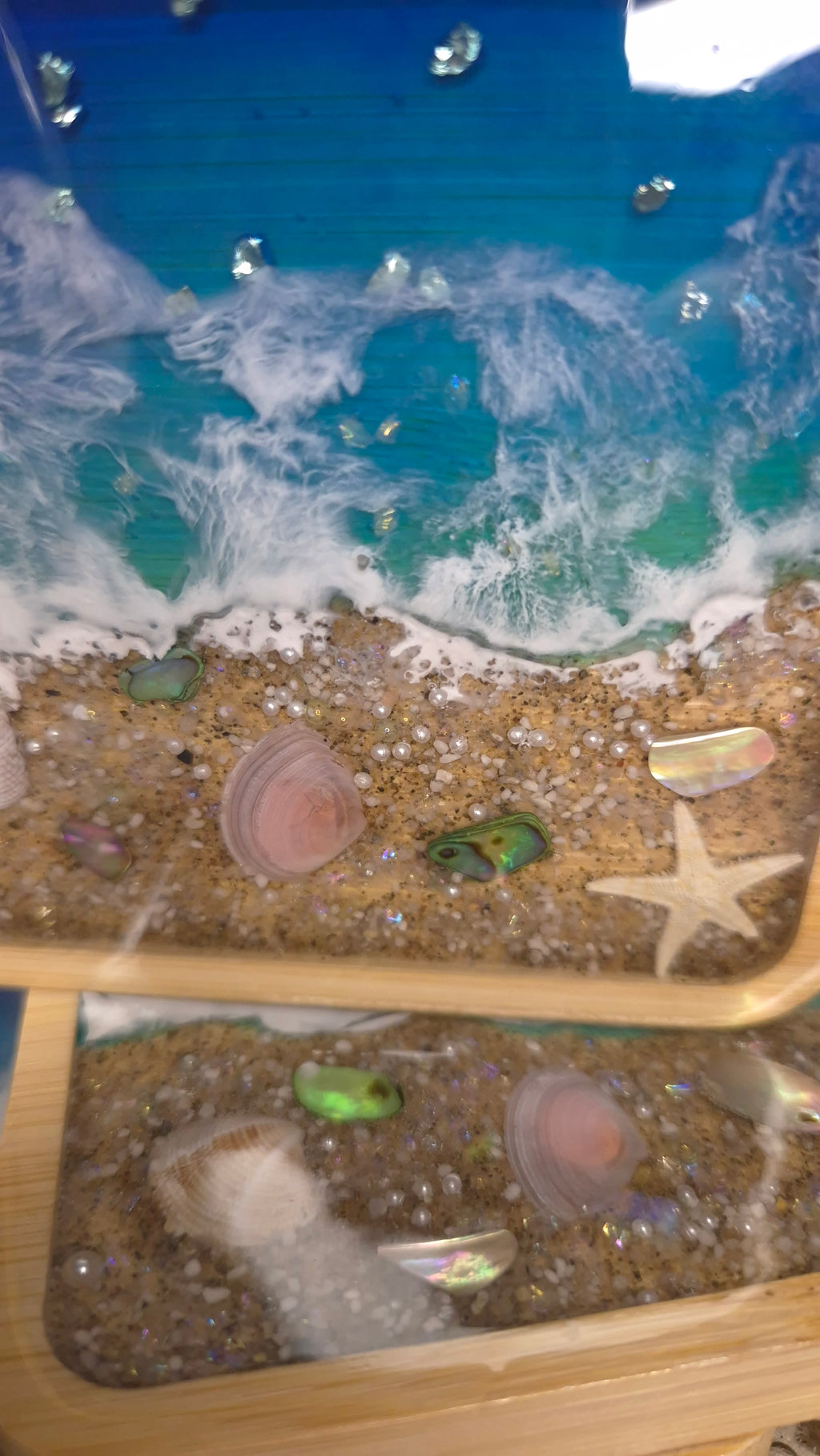 Handmade Ocean-Inspired Resin Coasters – Bamboo Base, Sand & Shells (Set of 4)