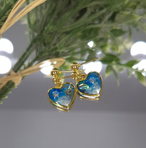 Ocean Heart Resin Drop Earrings – Abalone Pearl – Silver & Gold