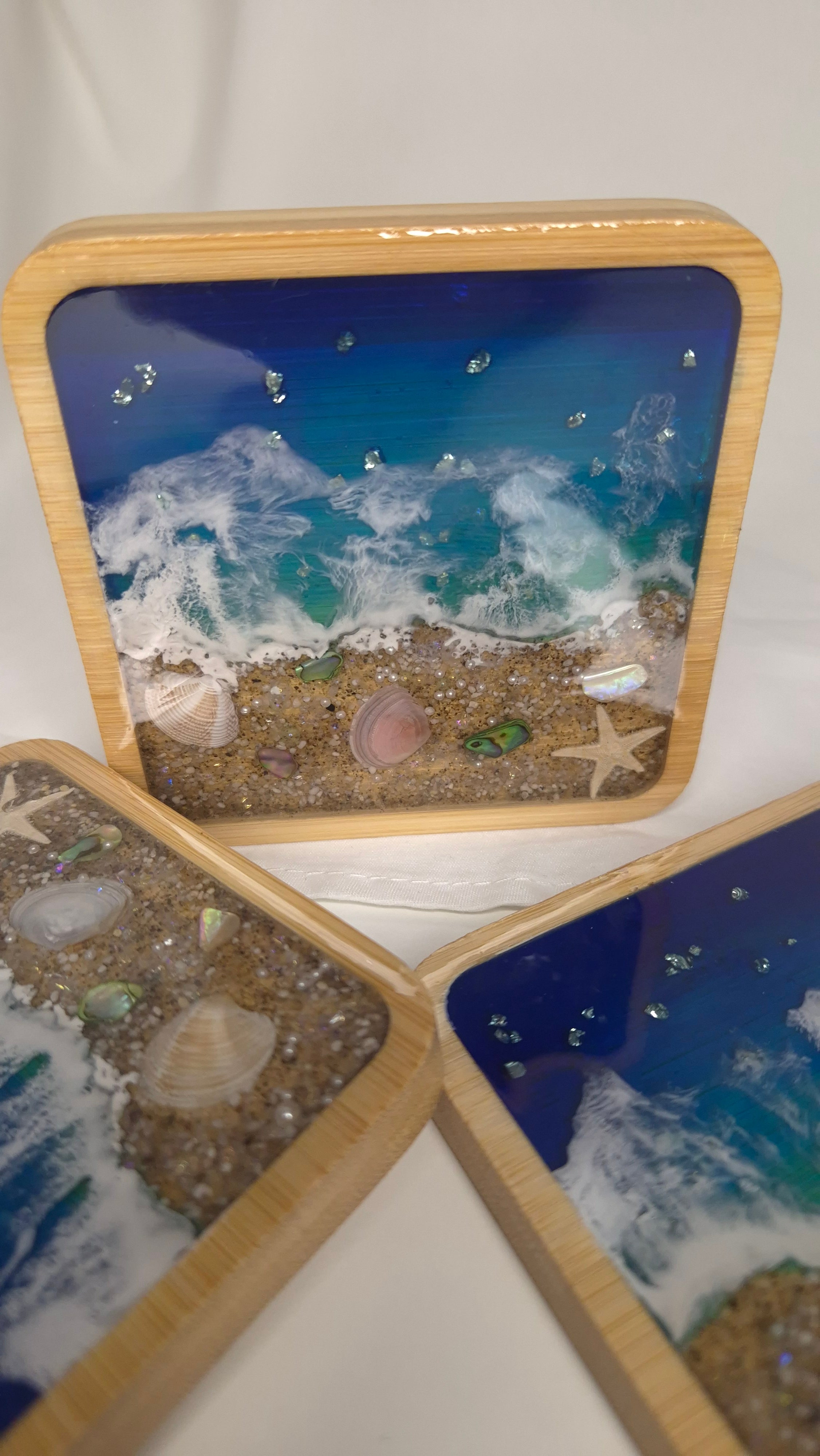 Handmade Ocean-Inspired Resin Coasters – Bamboo Base, Sand & Shells (Set of 4)