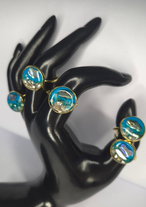 Adjustable Handmade Resin Ring – Ocean Blue with Shells and Sand