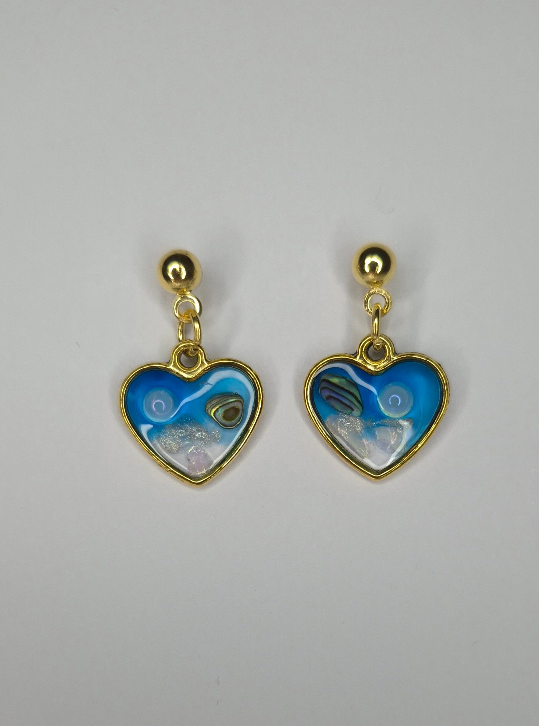 Ocean Heart Resin Drop Earrings – Abalone Pearl – Silver & Gold