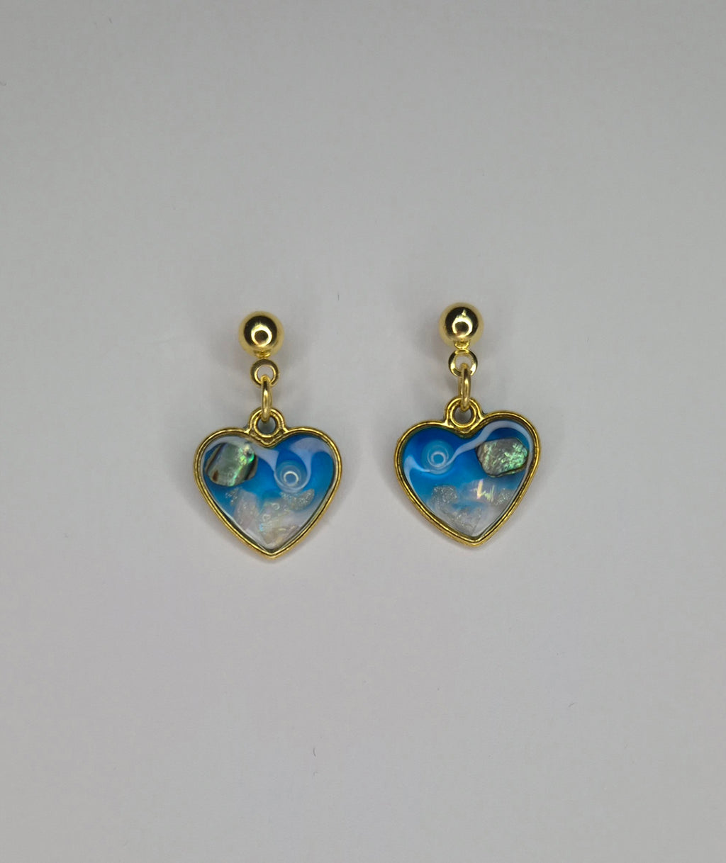 Ocean Heart Resin Drop Earrings – Abalone Pearl – Silver & Gold