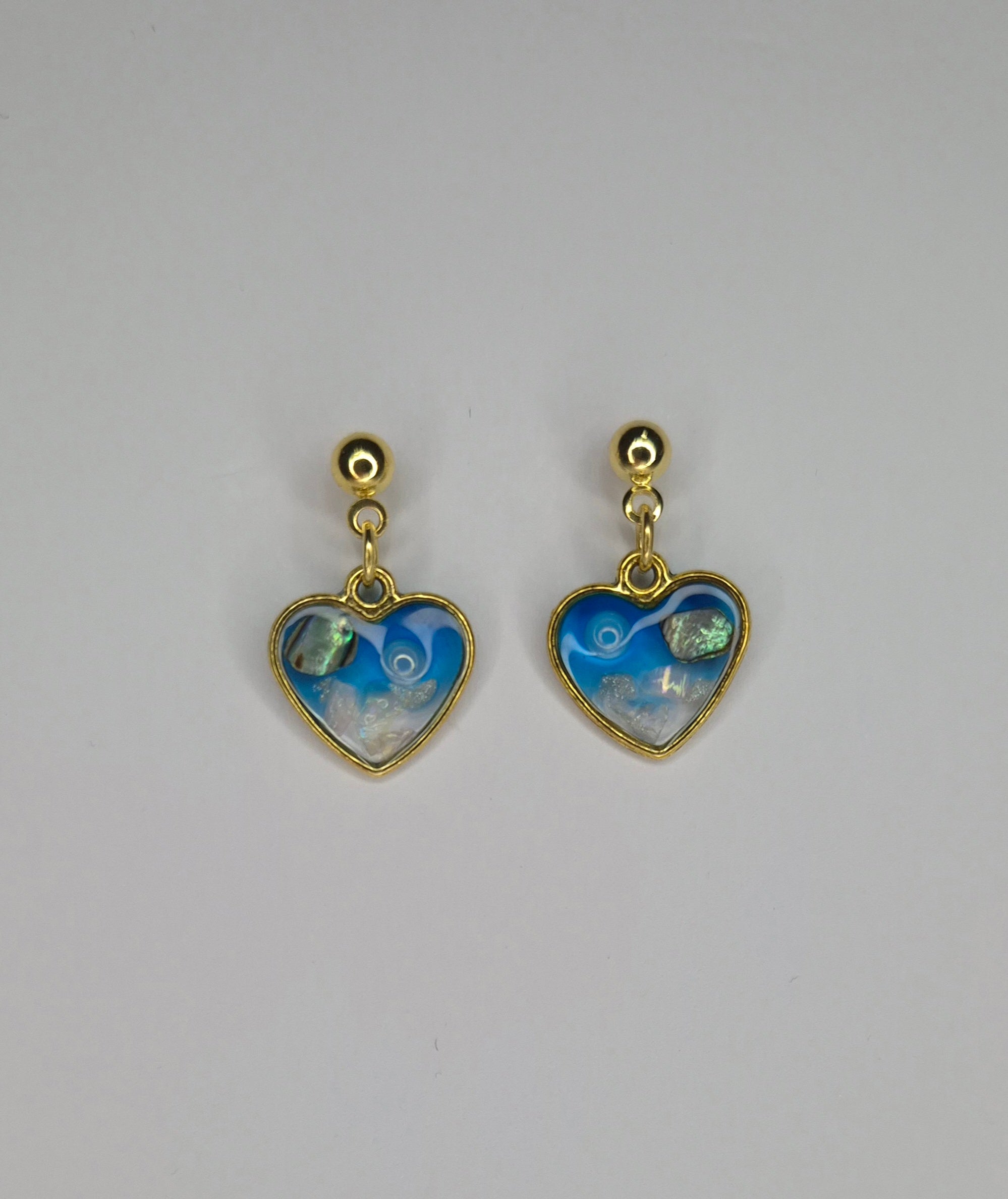 Ocean Heart Resin Drop Earrings – Abalone Pearl – Silver & Gold
