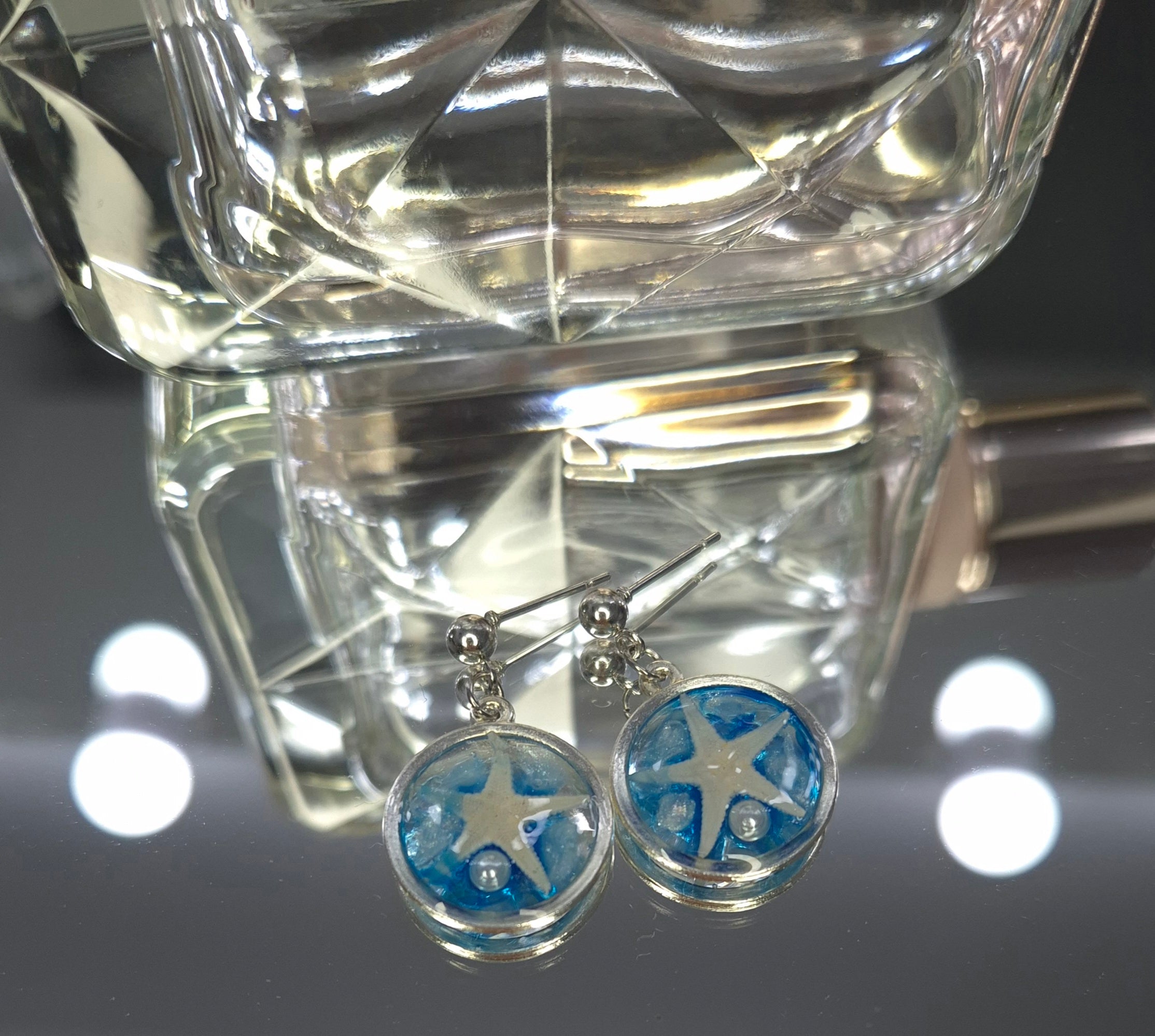 🌊 Ocean Starfish Resin Hoop Earrings – Stainless Steel Silver
